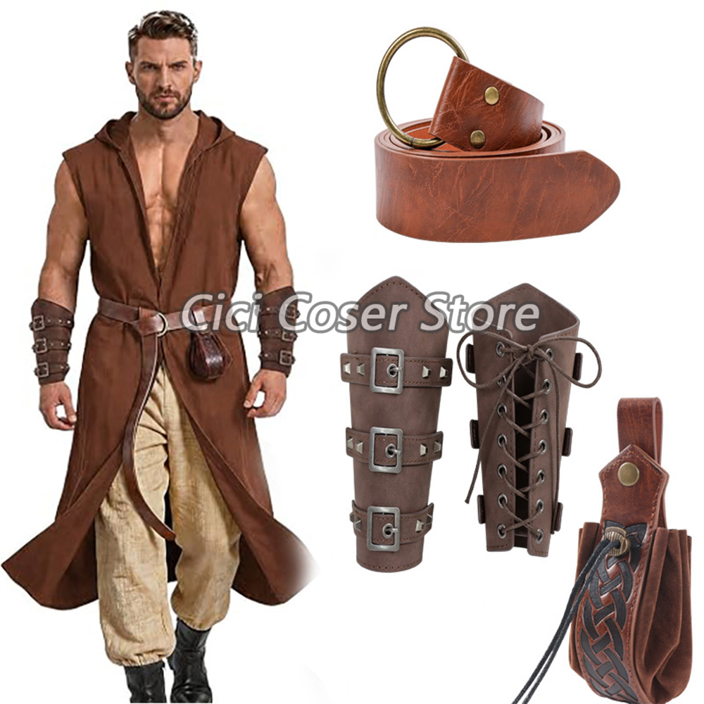 Costumes - ชุดเข็มขัดหนัง PU ยุคกลาง พร้อมปลอกแขนและกระเป๋าคาดเอว อุปกรณ์คอสเพลย์ไวกิ้ง อัศวิน