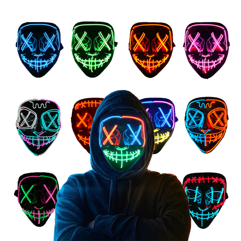 Led Purge Mask Halloween - หน้ากากเรืองแสงนีออนไร้สาย สำหรับคอสเพลย์ หน้ากากเรืองแสงสำหรับผู้ใหญ่ หน้ากากปลอมตัวแบบมีไฟ หน้ากากคลุมศีรษะ หน้ากากน่ากลัว